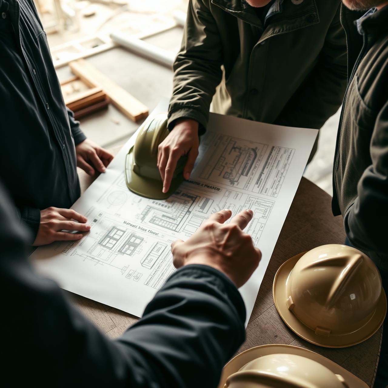 Engenheiros analisando projeto em obra