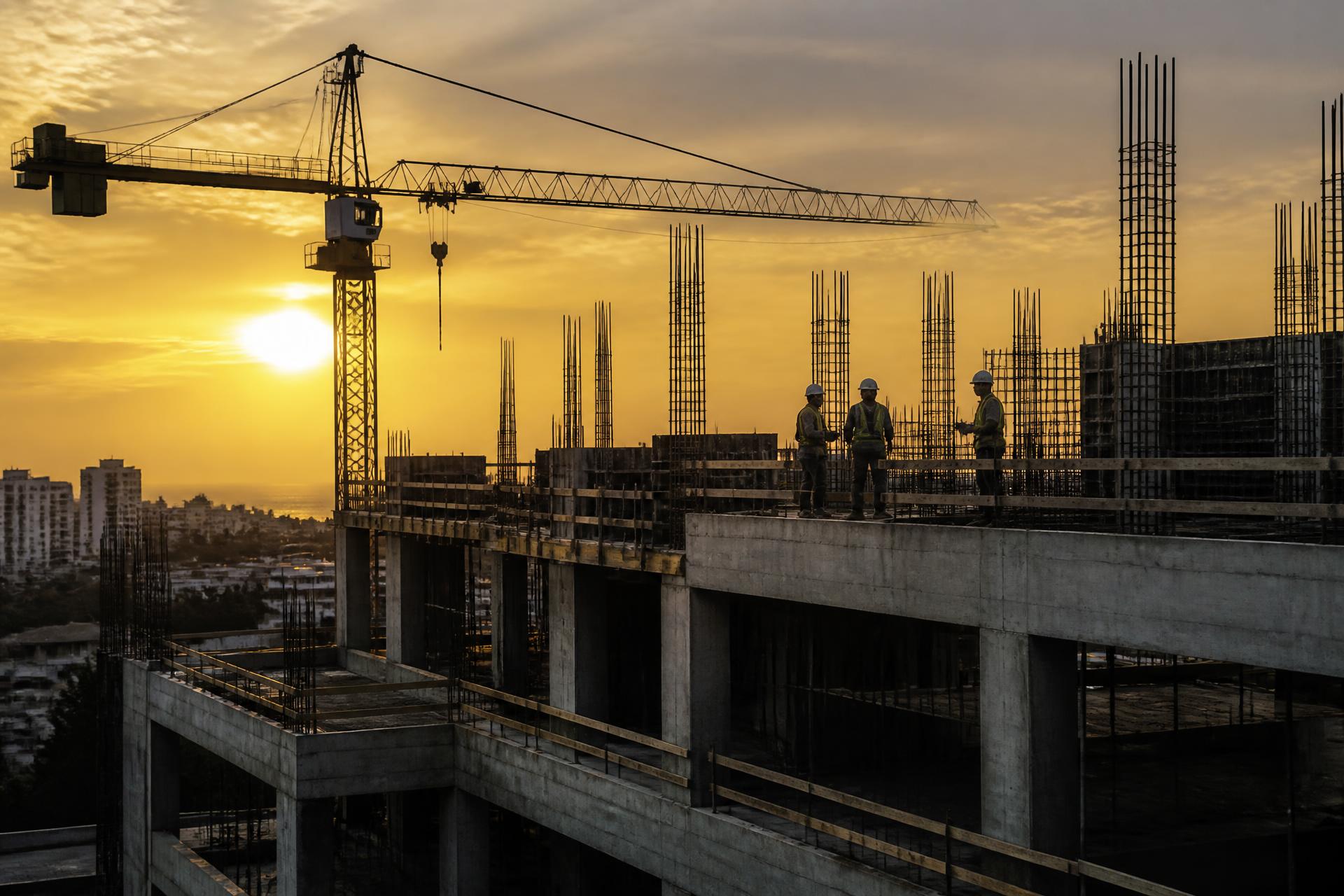 Obra em execução ao entardecer